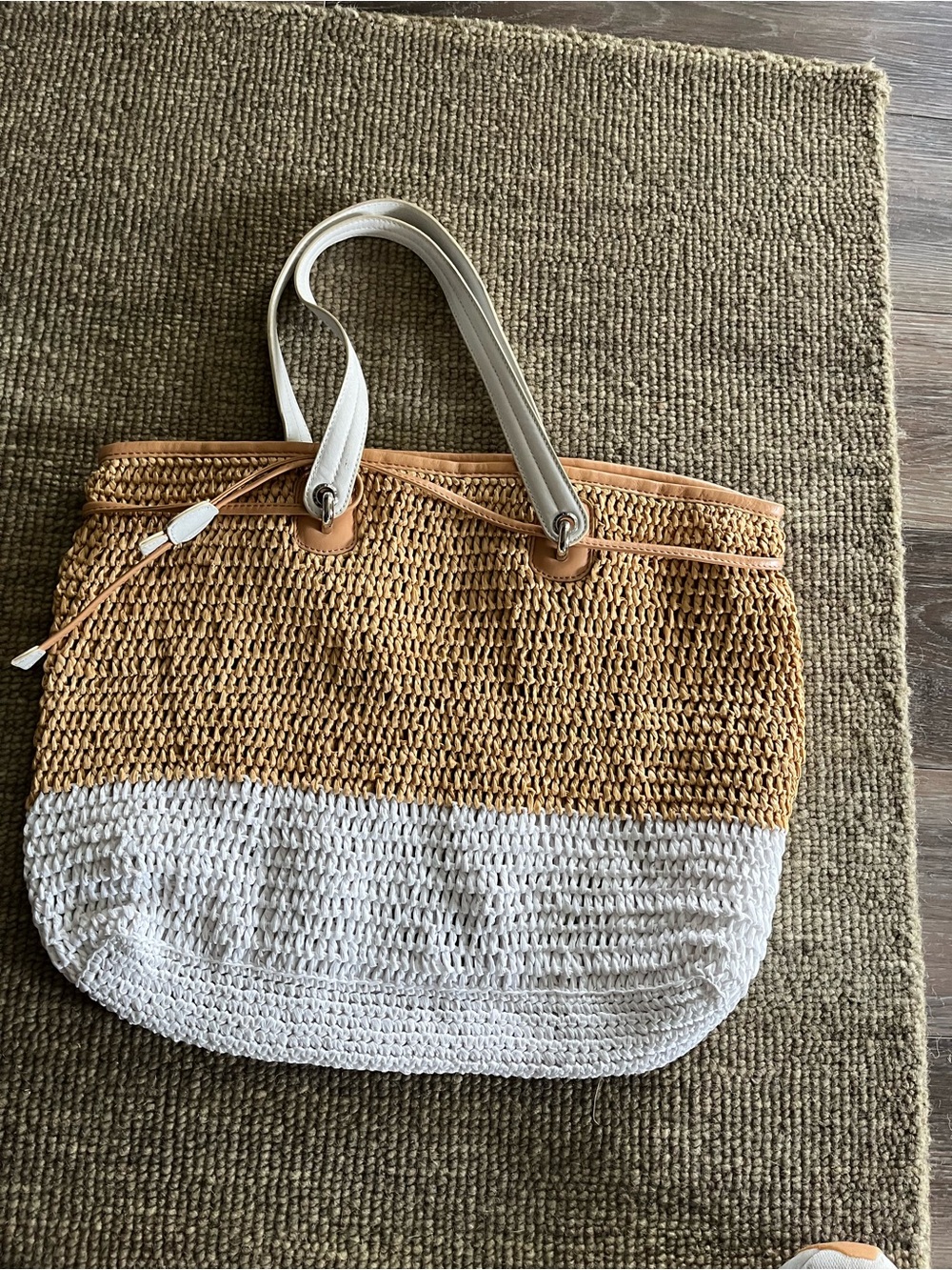henri bendel Two-Tone Woven Straw Tote in Tan and White with Cream Handles